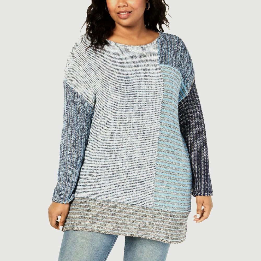 blue knitted patchwork pullover
